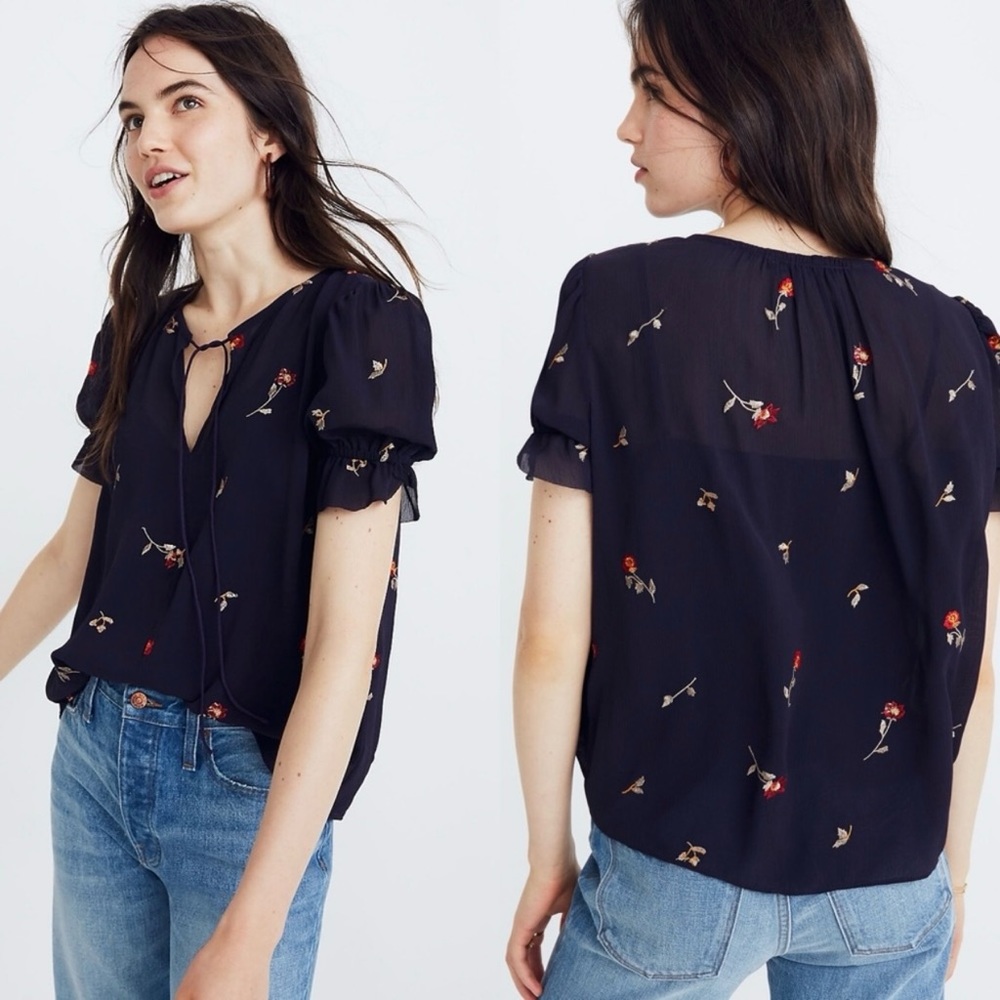 Madewell Embroidered Zephyr Ruffle Sleeve Sheer Top in Sweet Blossoms Size L